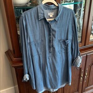 LOFT Denim-Look Buttonless Tunic Top - Blue